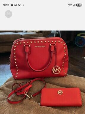 Michael Kors Red Saffiano Leather Sandrine Studded Medium Satchel & Wallet Set